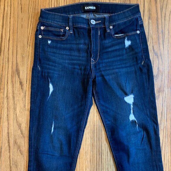 Express Dark Wash Legging Mid Rise Stretch 4s 4c Distressed Hole Blue Skinny - Picture 4 of 11